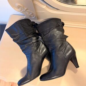 Elegant Black Heeled Boots leather genuine Italian size 40 will fit 7.5-8 fringe